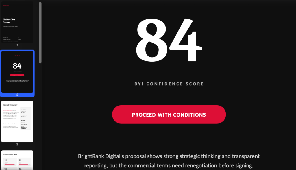 example PDF BYI verdict score from seo proposal review report