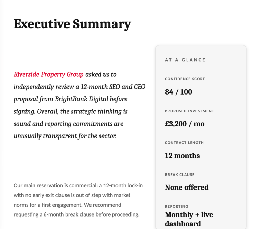 example summary from seo proposal review report