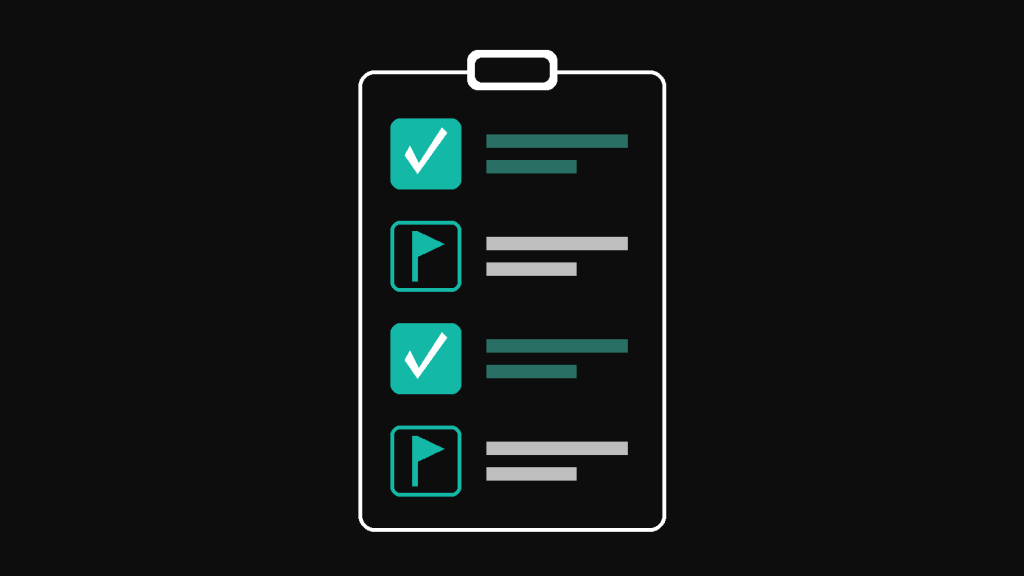 Simple checklist icon on a dark background: two teal checkboxes ticked and two marked with a small teal flag icon, representing the SEO proposal red flags checklist.