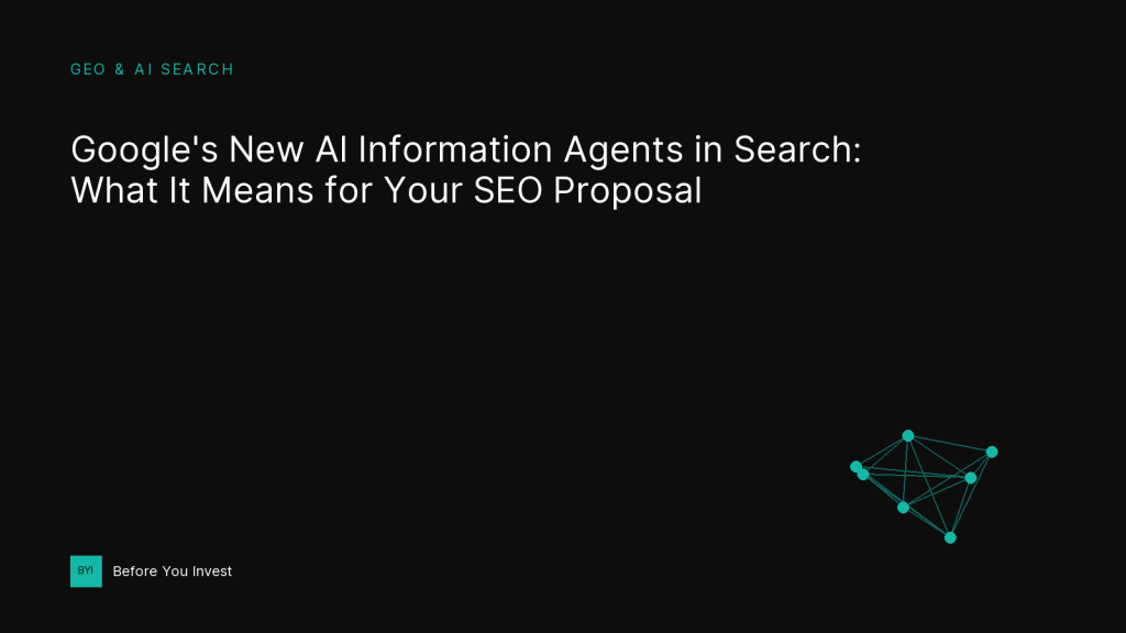 Dark teal and ink graphic reading Googles New AI Information Agents in Search, with a connected node network icon and the Before You Invest logo