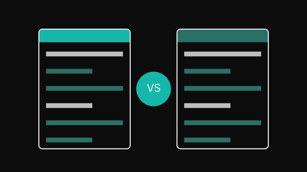 Two document cards side by side on a dark background, one with a teal header and one with a darker teal header, with a circular teal VS badge between them, representing a side-by-side comparison of two SEO proposals.